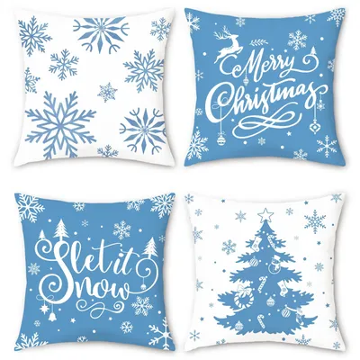 Samt-Kissenbezüge 45x45 cm, 4er-Set, Weihnachtsbaum, Schneeflocken, Blau