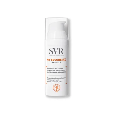 A white bottle of SVR AK SECURE DM PROTECT sunscreen with a pump dispenser, set against a plain white background.