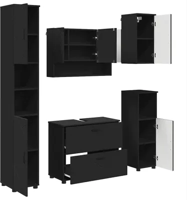 Productafbeelding van Badkamerkastset met deur, 5 stuks, zwart, van multiplex en metaal