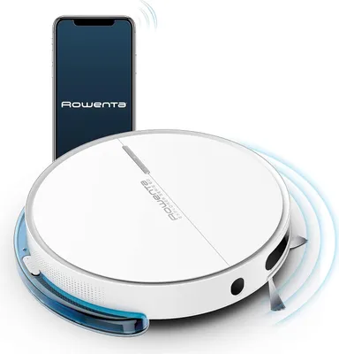 A white robot vacuum cleaner is shown next to a smartphone displaying the Rowenta logo.
