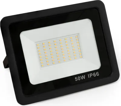 A black LED floodlight with a white face and yellow LEDs, shown from a slightly elevated angle on a white background.