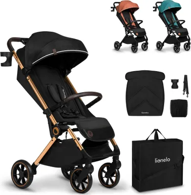 Produktbild von LIONELO Cloe Zusammenklappbarer Kinderwagen bis zu 22 kg, Verstellbare Rückenlehne Schlaffunktion, 5-Punkt-Gurt Große Schwenkräder Moskitonetz Schwarz