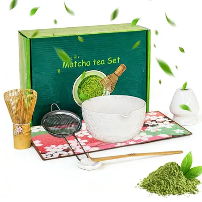 7-teiliges Matcha-Set mit Keramikschale, Bambusbesen & Sieb
