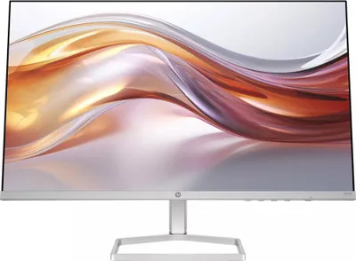A silver HP monitor with a colorful abstract wallpaper displayed on its screen, shown from the front on a white background.