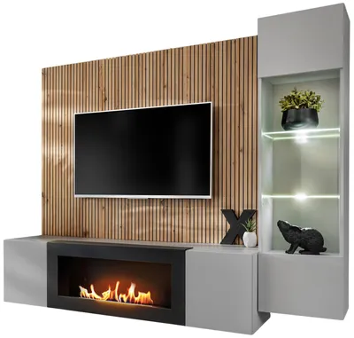 Produktbild von Wohnwand "iLike" 200 cm in Hellgrau mit Schwarz und Artisan Eiche, inklusive Ethanol Kamin und Beleuchtung