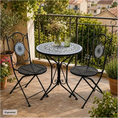 Produktbild von Schwarze Metall-Bistrogruppe mit Tisch Ø 55 cm, zwei Stühlen und Motiv
