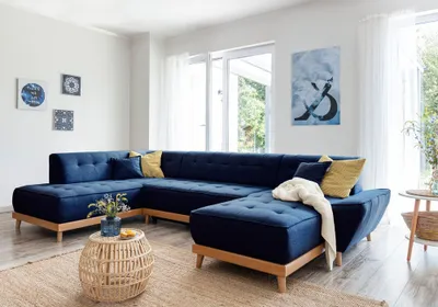 Image de MIUFORM Dazzling Daisy - Canapé d'angle avec fonction lit et coffre de lit U-FORM GAUCHE - 330x190cm - Bleu marine - Canapé-lit Canapé