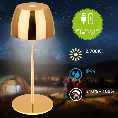 Zdjęcie produktu dla Briloner Serina Mini LED lampa stołowa bezprzewodowa IP44, ściemniana, dotykowa, bryzgoszczelna, akumulator, złota, Ø8 x 20 cm