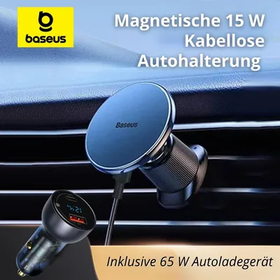 Produktbild von Magnetische 15 W Kabellose Autohalterung mit 65 W Schnellladeadapter – 2-in-1 Qi Charger & Handyhalter, 360° verstellbar