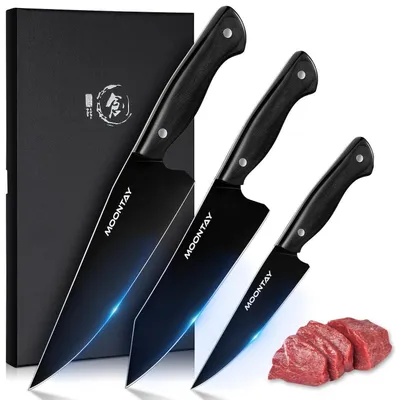 Immagine prodotto di Set di coltelli da cucina, 3 pezzi, con confezione regalo: coltello da chef, coltello Santoku e coltello universale, in acciaio inossidabile con manico in legno antiscivolo