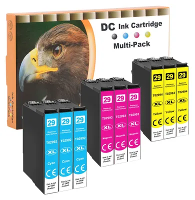 Image de Cartouches d'encre compatibles D&C pour imprimantes Epson 29 et 29XL, compatibles avec les modèles Expression Home XP-235, XP-245, XP-247, XP-255, XP-257, XP-332, XP-335, XP-342, XP-345, XP-352, XP-355, XP-430, XP-452, XP-455 (3 cartouches cyan, 3 cartouches magenta, 3 cartouches jaunes, lot de 9)