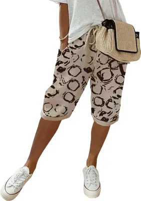 Produktbild von ASKSA Damen Sommer Leinenhose Luftig Hohe Taille Caprihose Locker Elastisch Strandhose Kurzehose, B-Khaki, Groesse: XL