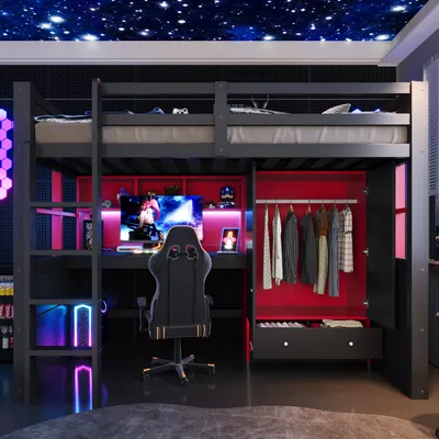 Immagine prodotto di Letto a castello 90 x 200 cm con scaletta, armadio, cassetti, scrivania, spazio contenitivo, illuminazione LED, prese elettriche, letto per bambini, letto per adolescenti, colore nero e rosso, legno massello