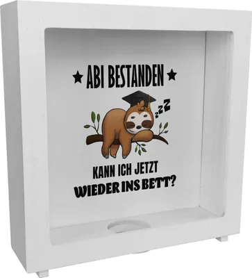 Produktbild von Abi bestanden Faultier Rahmen Spardose aus Holz mit Spruch zurück ins Bett