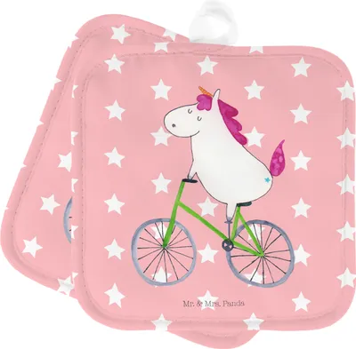 Produktbild von Mr. & Mrs. Panda Topflappen Einhorn Radfahrer - Rot Pastell - Geschenk, Unicorn, Topfuntersetzer, Set, Einhörner, topfhalter, Radfahren, Topflappenset, Bike, Ofenlappen