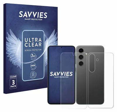 A product box and screen protectors for a Samsung Galaxy S24.