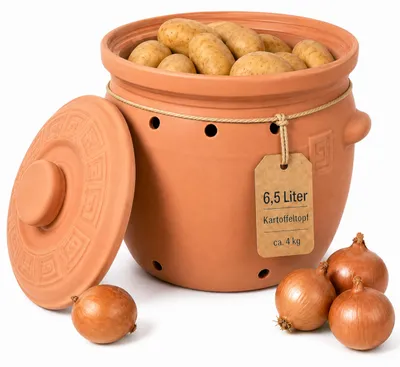 Produktbild von KERAZO 6,5 Liter Kartoffeltopf aus Steingut Keramik mit Deckel, Zwiebeltopf Vorratstopf Gemüsetopf, Naturbelassen (ohne Glasur)