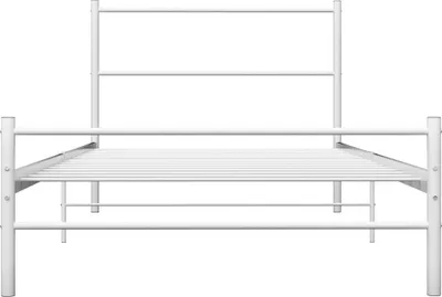 A white metal bed frame shown from the front.