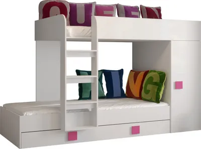 Produktbild von Etagenbett für Kinder Toledo 2 Stockbett mit Treppe und Bettkasten (Weiß + Weiß Glanz + rosa Griffe)