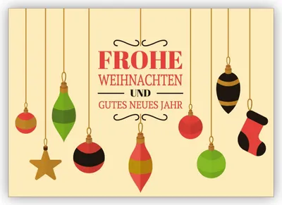 Produktbild von Schöne beige Weihnachtskarte mit Retro Weihnachtsbaum Schmuck: Frohe Weihnachten und gutes neues Jahr