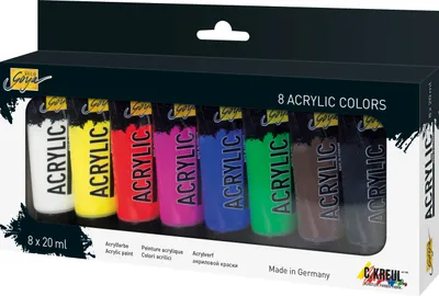 Produktbild von KREUL SOLO GOYA Acrylic 20 ml Tuben 8er Set, Blau, Braun, Grün, Grau, Orange, Rot, Weiß, Gelb, Acrylfarbe, Flüssigkeit, 20 ml, 8 Stück(e)