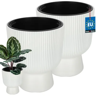 Produktbild von KOTARBAU® 2er Set Blumentopf ⌀ 29cm Orchideentopf Übertopf mit Innentopf Pflanzentopf mit Sockel Geriffelt Kelchform Pflanzkübel aus Kunststoff Weiß