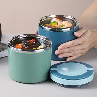 Produktbild von 2 Stück 1000ml Thermo Lunchbox aus Edelstahl mit Griff, Vakuumversiegelung wärmender Lebensmittelbehälter, Frühstückstasse, Suppenschüssel, blau/Grün