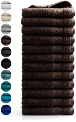 Imagen del producto de Juego de toallas Unyqoos® de 12 unidades | 50 x 100 cm, 100% algodón, 500 g/m², calidad hotelera – color chocolate, lavable hasta 60°C, certificado y BSCI