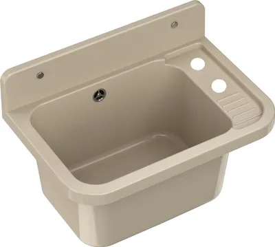 A beige sink with a backsplash, mounted on a white background.