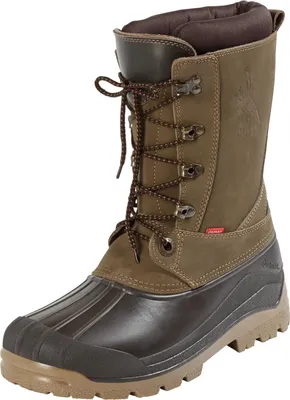 A single brown and green winter boot is shown against a white background.