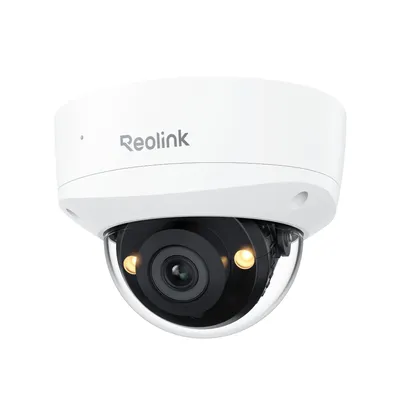 A white dome security camera with a black lens and two yellow lights is shown against a white background.