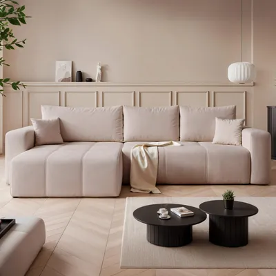 Produktbild von Idohome–Moderne Ecksofa PEDRO XL mit Schlaffunktion und L-förmigen Steppungen, Universale Couch, Sofa, Bettcouch - Farbe Creme Manila 02