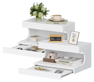 Produktbild von Hängender Nachttisch 2er Set, Wandmontierter Regal-Nachttisch mit Schiebe-Tablett, Schwebendes Nachtkästchen mit Offenem Raum, für Schlafzimmer, Wohnzimmer 30 x 40 x 20 cm Weiß