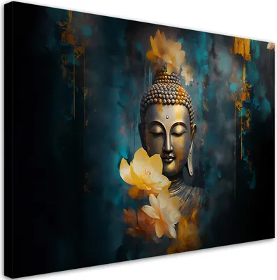 Produktbild von Leinwandbild Buddha und goldene Blumen 120x80 Feeby Blau bild für die wand bereit zum aufhängen