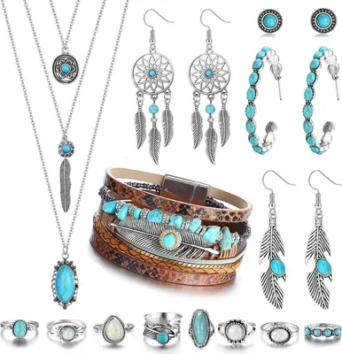 Image de Bohème turquoise ensemble de bijoux pour dames avec collier boucles d'oreilles bracelet bagues