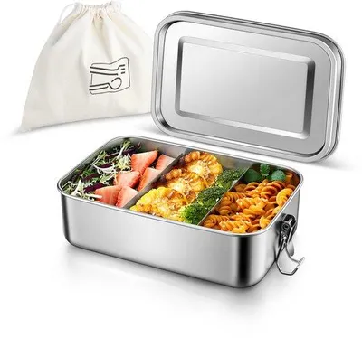 Image de Boîte à lunch en acier inoxydable 1400 ml, 2 compartiments, boîte à bento anti-fuites, lavable au lave-vaisselle