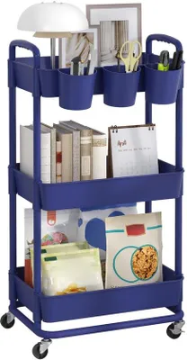 Immagine prodotto di Carrello multiuso in plastica a 3 ripiani con struttura in ferro, dotato di 4 ruote (2 bloccabili) e 3 contenitori portaoggetti – ideale per la casa e l'ufficio