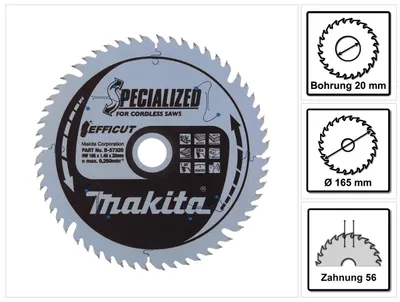 Produktbild von Makita CCXF16556EL SPECIALIZED EFFICUT Sägeblatt 165 x 20 x 1,45 mm ( B-57320 ) 56 Zähne für Holz, Laminat und Kunststoff
