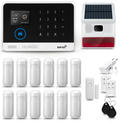 Immagine prodotto di HUXGO HXA003 Sistema di allarme casa WiFi + GSM 4G LTE con sirena wireless, sistema di allarme con 12x sensore di movimento e 1x sensore porta-finestra, sistema di allarme per appartamento, casa, garage, Tuya Smartlife App