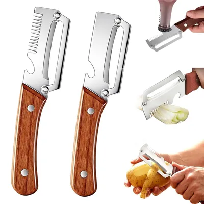 Image de Éplucheur de légumes 3-en-1 - Multifonctionnel avec fonction julienne et ouvre-bouteille - Lame en acier inoxydable avec manche en bois - Lot de 2