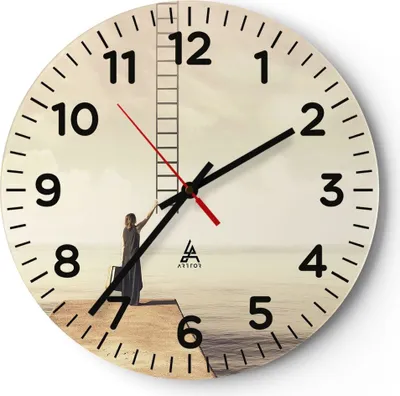 Produktbild von Wanduhr - Rund - Glasuhr - Symbol Frau Leiter - 40x40cm - Schleichendes Uhrwerk - Lautlos - zum Aufhängen bereit - Dekoration Modern - Wanddekoration aus Glas - C4AR40x40-4339