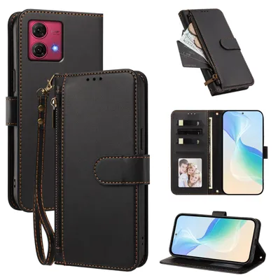 Obrázek produktu pro Peněženkové pouzdro pro Motorola Moto G84,Polyuretankožené pouzdro s přihrádkami na karty, stojánkem a poutkem na ruku Černá