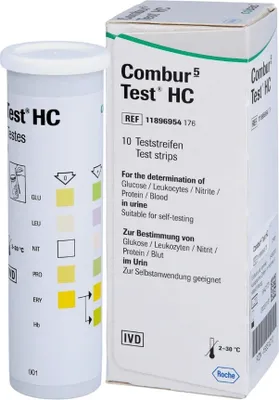 A product shot of urine test strips and their packaging.