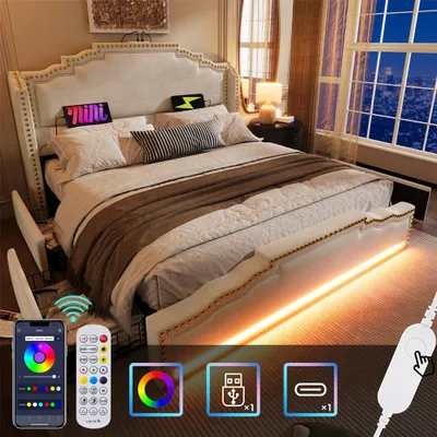 Image de Sweiko Lit rembourré 180×200, lit double avec 4 tiroirs, lit de rangement et lit d'adolescent avec sommier à lattes, velours, beige, sans matelas