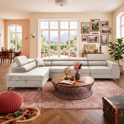 Produktbild von MUFFO Ecksofa PIERO MAXI Links mit Schlaffunktion 195x125 Velours Beige, KI-generiertes Bild