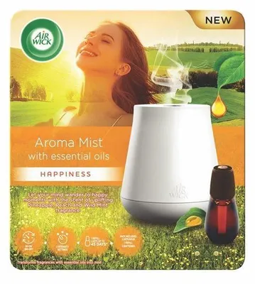A woman enjoying the scent of an aroma mist diffuser in a sunny meadow.