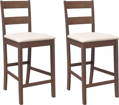 Two brown bar stools with cream cushions are shown against a white background.