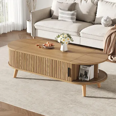 Immagine prodotto di MODFU Tavolino da caffè regolabile per divano con spazio di archiviazione nascosto e 5 ripiani, tavolino da caffè con 4 gambe in legno e venature del legno, colore legno