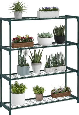 A dark green metal plant stand with multiple shelves holding various potted plants.