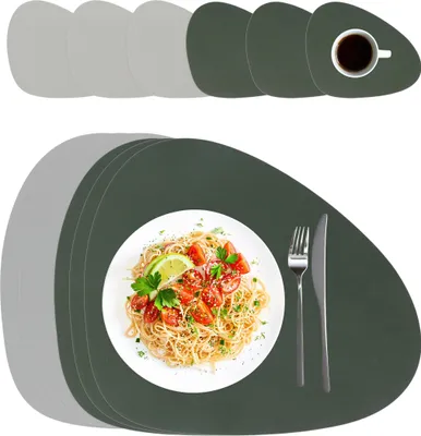 Produktbild von Relaxdays Platzdeckchen mit Untersetzern, 6er Set, Kunstleder, 30 x 40,5 cm, abwischbar, ovales Tischset, grau/grün